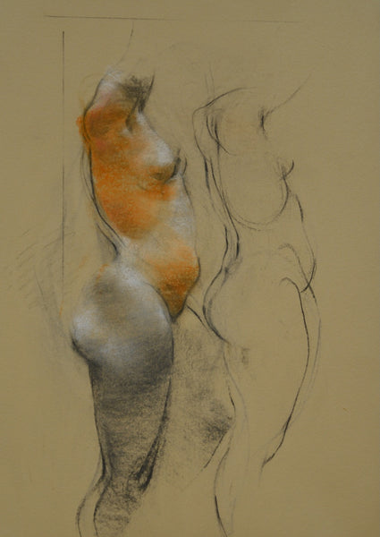 Artistic sketch of a nude figure with an orange torso on a beige background