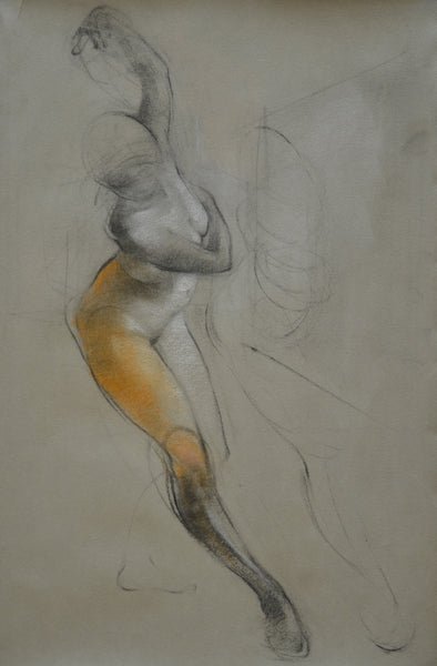 Artistic depiction of a nude figure with a focus on the lower body, using shades of gray and orange.