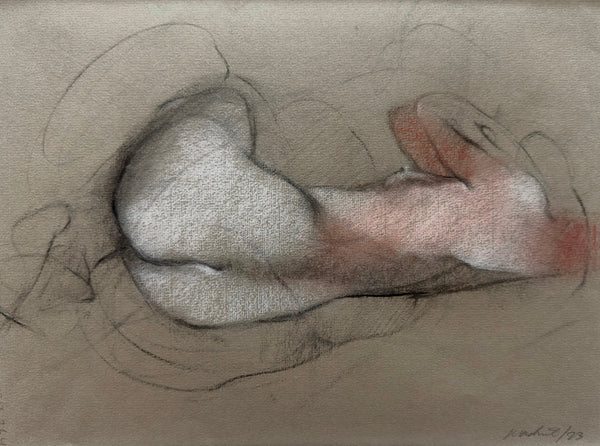 Artistic depiction of a nude figure with detailed shading on a textured beige background