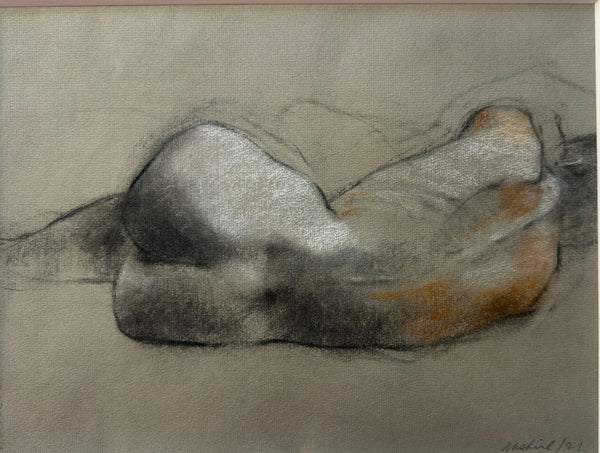Artistic depiction of a reclining figure in grayscale with subtle color accents on a textured background.
