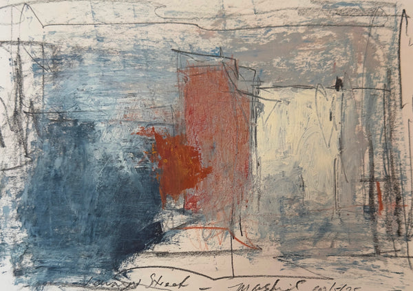 Abstract artwork with blue, red, and beige colors on a textured surface.