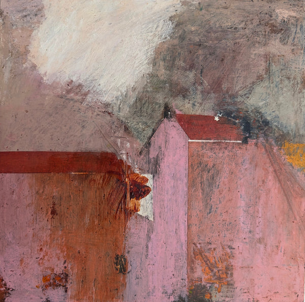 Abstract painting of buildings with textured brushstrokes in earthy tones