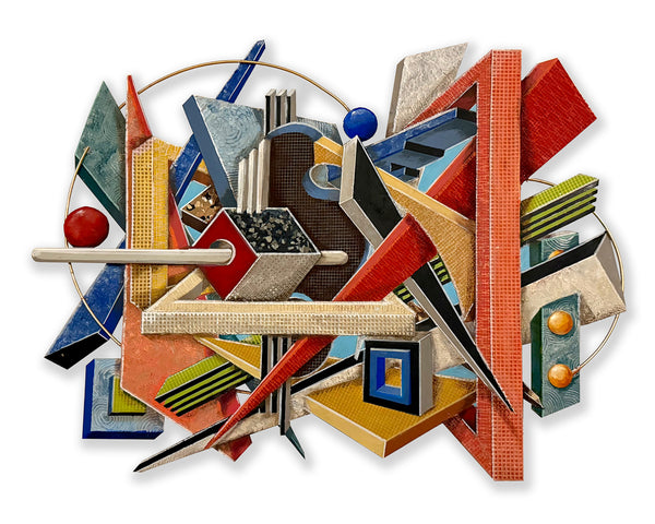Abstract art piece with geometric shapes and colors on a white background