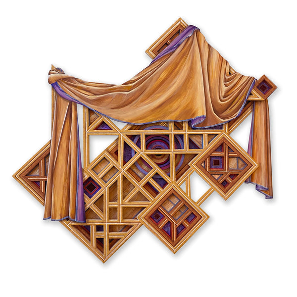Decorative wall art with geometric patterns and draped fabric on a white background