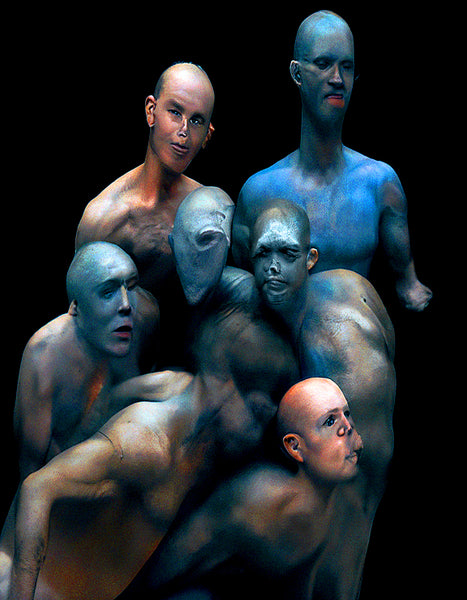 Artistic digital print of multiple figures with blue and gray tones against a black background