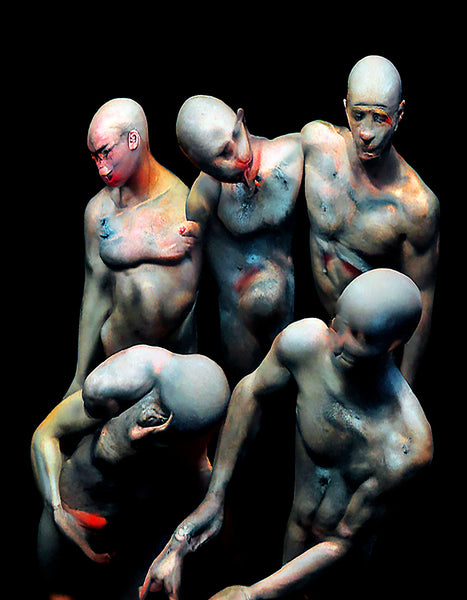 Artistic digital print of six humanoid figures with a dark background