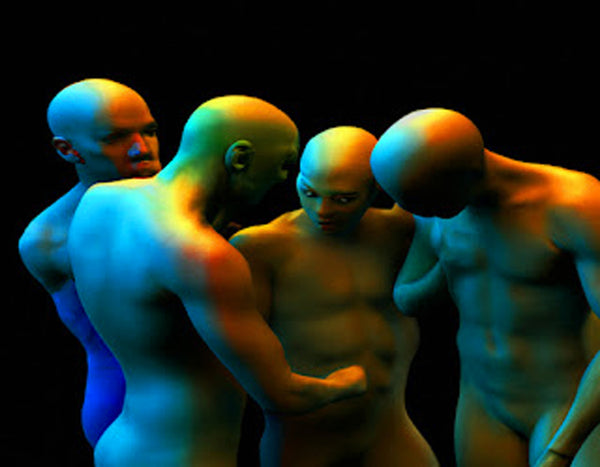 Digital print of a group of bald, shirtless men interacting with colorful lighting on a black background