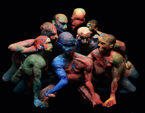 Colorful digital print of multiple figures on a black background