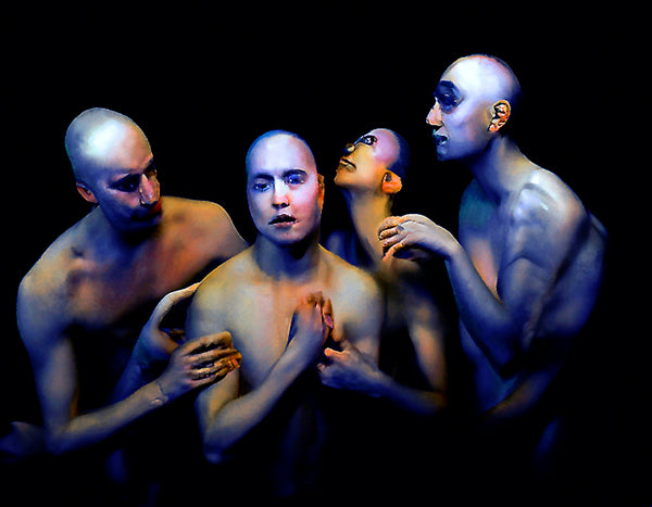 Digital print of four humanoid figures with blue shadows with a dark background