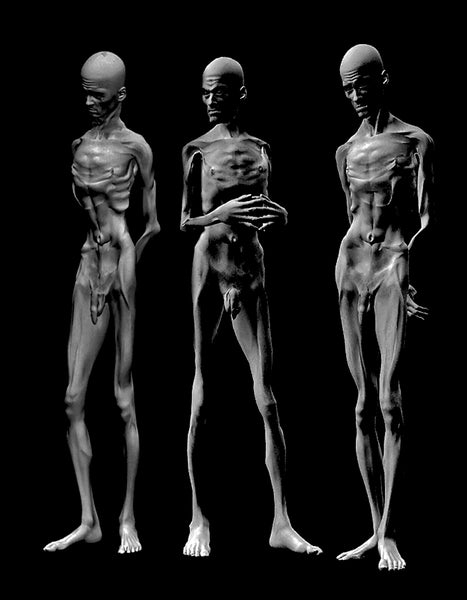 Digital print of three humanoid figures in a row against a black background
