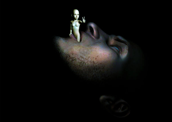 A surreal dark photograph showing a close-up of a sleeping person's face with a small pale humanoid figure standing in its mouth, set against a nearly black background.