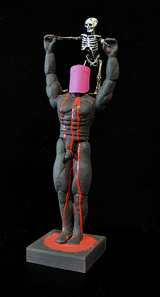 Sculpture of a muscular figure with a pink head holding a skeleton on his shoulders.