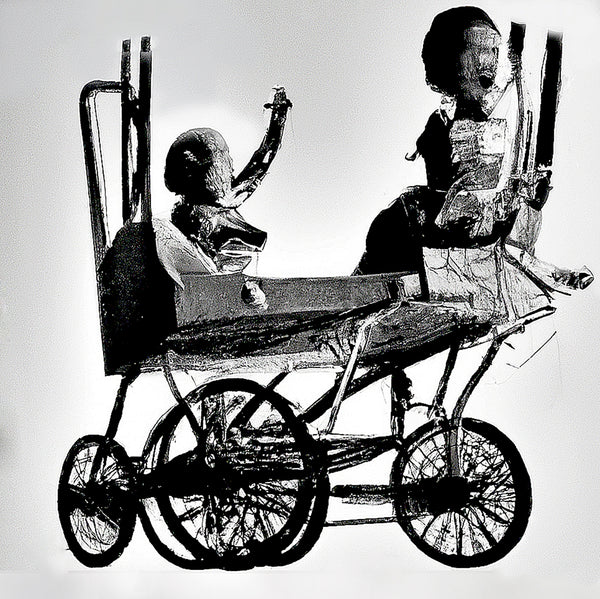 Black and white digital print of a baby carriage with two children on it.
