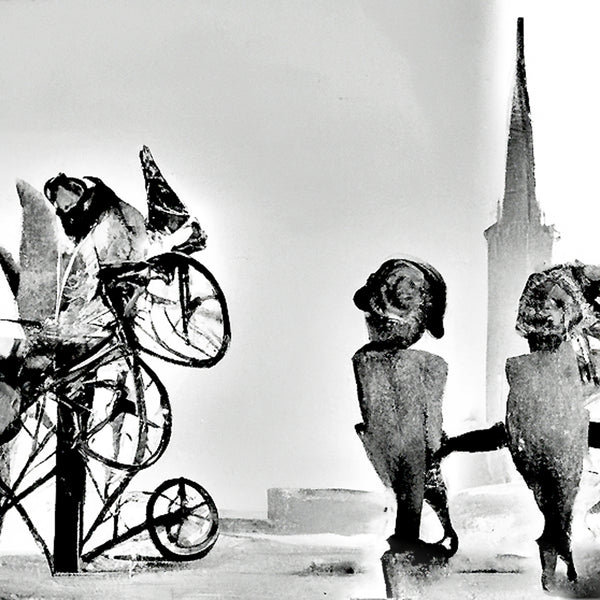 Black and white digital print of a person with a bicycle and two other child-like figures in a cityscape.