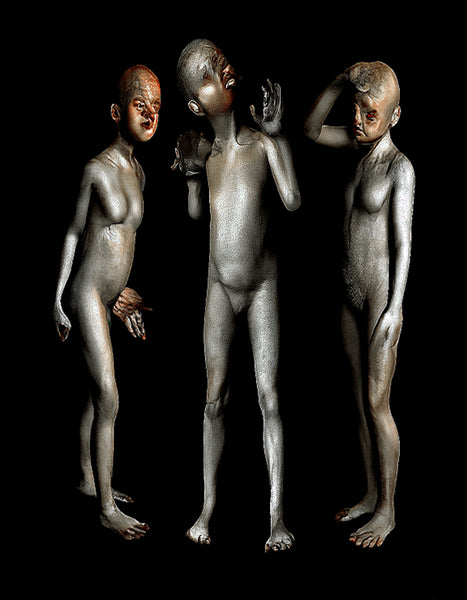 Digital print of three nude child-like figures against a black background