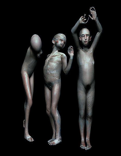 Digital print of three nude figures in various poses against a black background