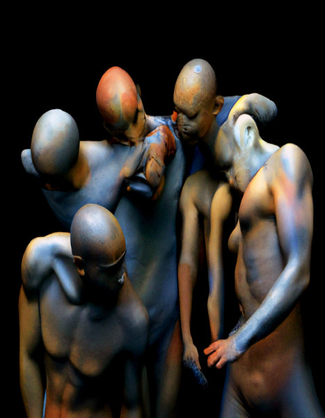 Abstract digital print of multiple human-like figures in a dynamic pose against a dark background