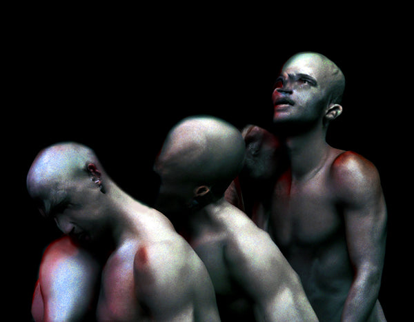Digital print of three shirtless men with bald heads against a black background