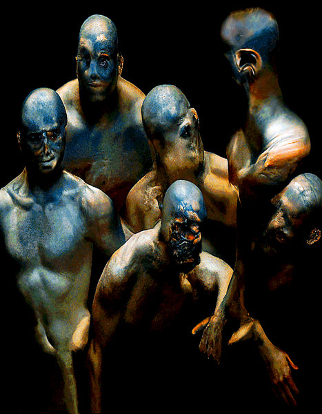 Digital print of a group of stylized human figures with blue and gray tones against a dark background