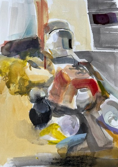 Abstract still life painting with various shapes and colors on a textured surface