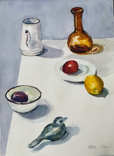 Still life painting with a pitcher, bottle, fruit, and bird on a table.