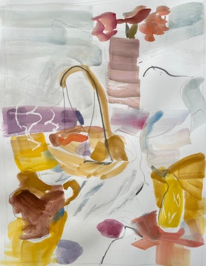 Abstract still life artwork with colorful shapes and forms on a pale gray background