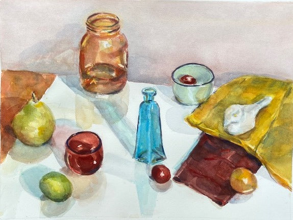 Still life painting with a jar, fruits, and other objects on a white surface