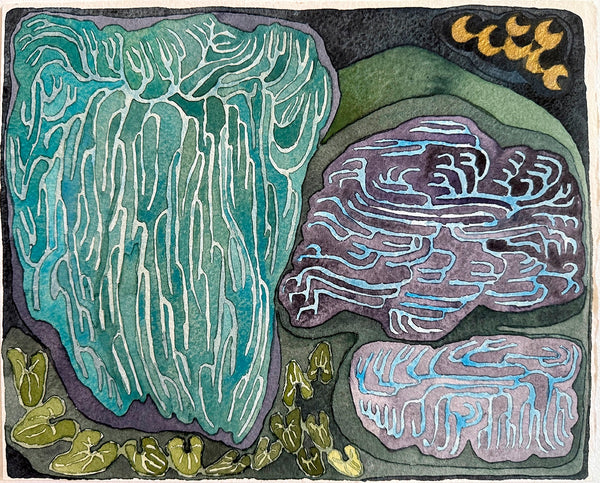 Artistic depiction of abstract shapes and patterns in teal, purple, and green on a textured background.