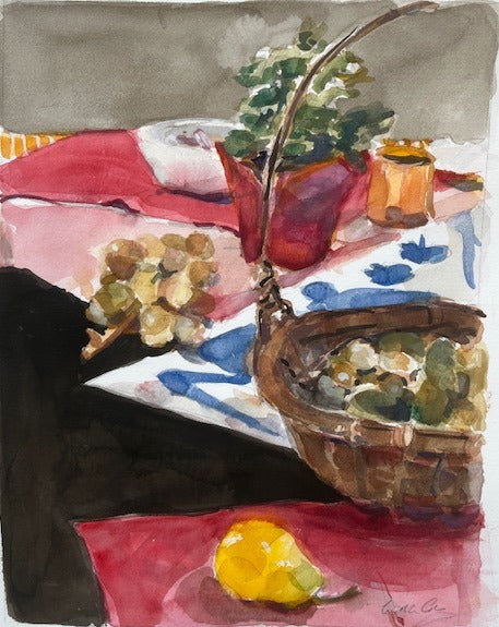 Watercolor painting of a still life scene with fruits and a basket on a table.