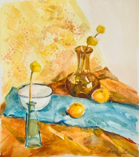 Watercolor painting of a still life scene with a vase, bowl, and fruits on a textured surface.