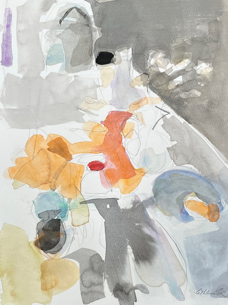 Abstract watercolor painting with colorful shapes on a white background