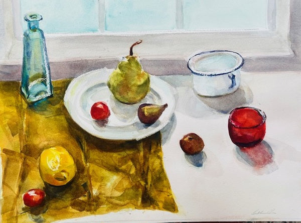 Still life painting with fruits and a glass vase on a table.