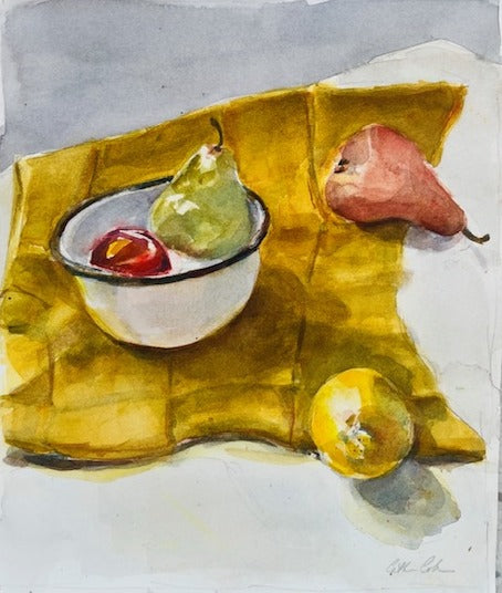 Still life painting of pears and a lemon on a yellow cloth