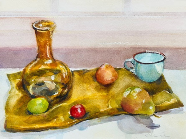 Still life painting with a bottle, cup, and fruits on a cloth covered table