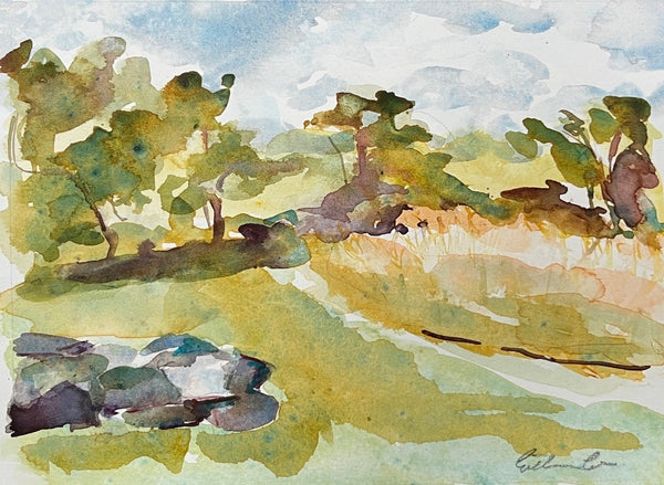 On Stompf Tavern Road, watercolor on paper landscape painting by Cerulean Arts Collective Member Cathleen Cohen