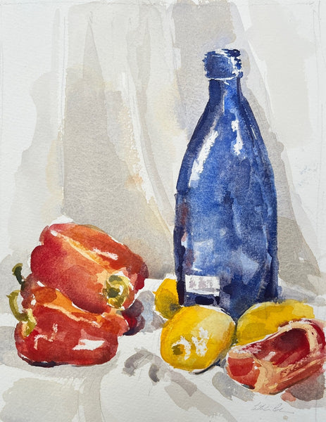 Primary Still Life, watercolor on paper landscape painting by Cerulean Arts Collective Member Cathleen Cohen.