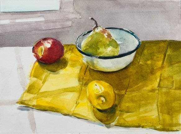 Still life painting of a pear, apple, and lemon on a yellow cloth with a gray background.