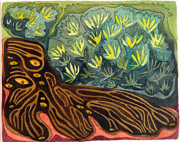 Artistic depiction of a tree with a stylized forest background