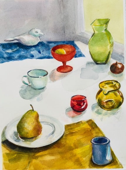 Still life painting of a table with various objects including a vase, cups, and a pear.