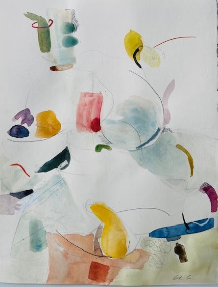 Abstract artwork with colorful shapes and forms on a white background
