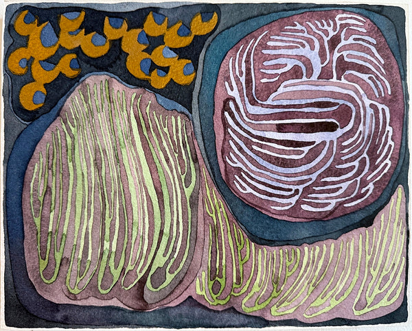 Abstract art piece depicting a storm with swirling patterns in purple, green, and yellow on a dark background.