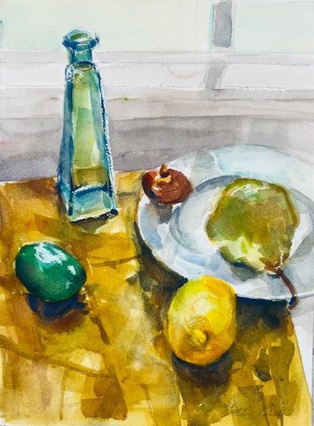 Still life painting with a bottle, pear, lemon, and apple on a table
