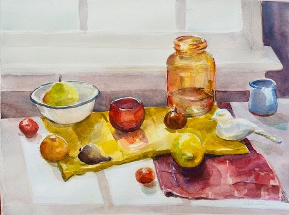 Still life painting with fruits, a bowl, and jars on a table.