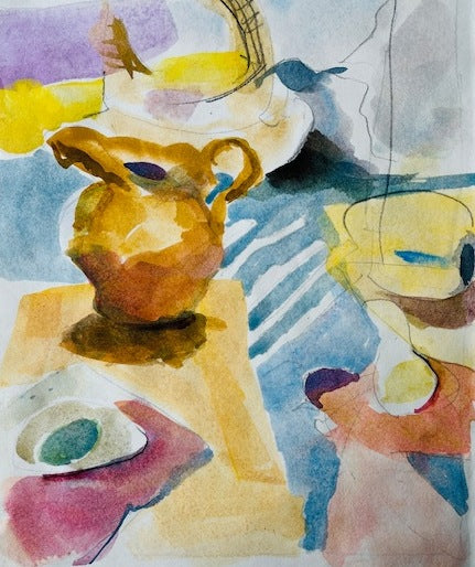 Watercolor painting of a still life with a teapot and other objects on a table.
