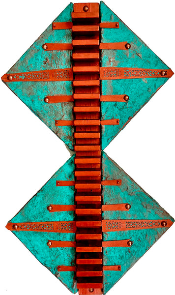 Decorative wall art with wooden slats on a turquoise background