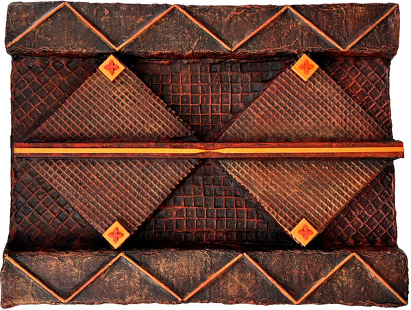 Decorative wall art piece with geometric pattern and wooden accents 