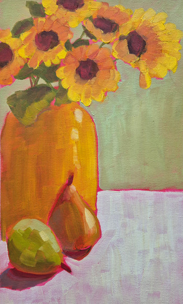 Painting of an orange vase with sunflowers and pears.