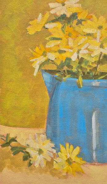 Painting of a blue vase with yellow flowers on a textured surface
