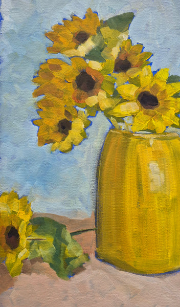 Painting of sunflowers in a yellow vase against a blue background