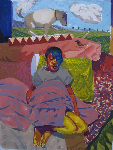 Colorful painting of a person sitting on a couch with a dog and bird in the background